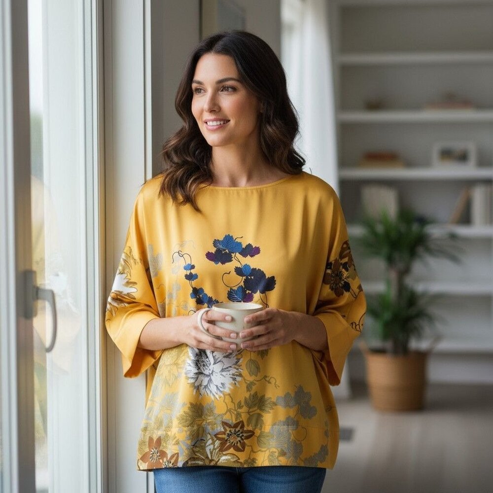 Soft Surroundings Womens Floral Print Yellow Satin Blouse M